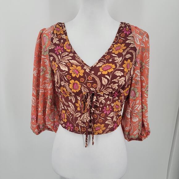Sienna Sky Crop Top Womens Small Floral V Neck Balloon Sleeve Boho Cottage - Picture 1 of 10